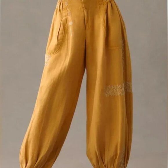 By Anthropologie Embroidered Parachute Pants Small Linen Blend Mango Mojito - Picture 2 of 6